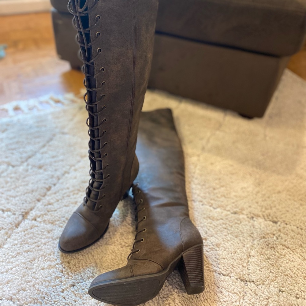 Brown lace-up thigh high boots size 8.5